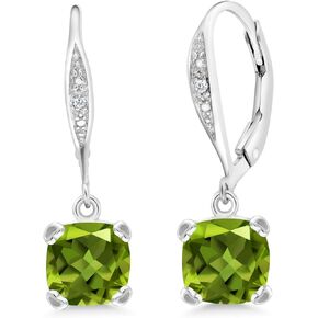 Gem Stone King 925 Sterling Silver Green Peridot and White Diamond Earrings For Women (3.41 Cttw, Gemstone August Birthstone, Cushion 7MM)
