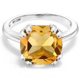 Gem Stone King 925 Sterling Silver Yellow Citrine Double Prong Ring For Women (3.22 Cttw, Cushion Cut 10MM, Gemstone Birthstone, Available In Size 5, 6, 7, 8, 9)