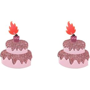 Acrylic Birthday Cake Dangle Earrings for Women Girls Big Cute Shiny Pink Candle Charms Celebration Statement Drop Dangling Stud Earring Lightweight Retro Birthday Gender Reveal Party Y2K Jewelry