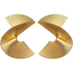Gold Plated Geometric Sector Earrings for Women Girls Bohemian Exaggerated Statement Irregular Twisted Fan-shaped Swirl Twisted Large Ocean Wave Sequin Metal Dangle Drop Earrings for Punk Style Fashion Jewelry Gifts