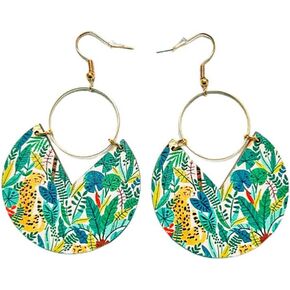 Boho Big Round Dangle Statement Earrings Wood Print Flower Circle Drop Hook Hoops Earring Fashion Jewelry Gifts for Women Girls Mother