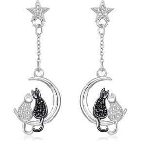 Two Cat Earrings 925 Sterling Silver Dangle Earrings Cat Drop Earrings Jewelry Gift for Women Girls