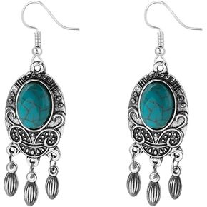 Bohemian Vintage Turquoise Oval Ethnic Drop Earrings for Women Girls Dangle Metal Earrings Boho Retro Western Earrings Tassels Delicate Cowgirl Jewelry Gift