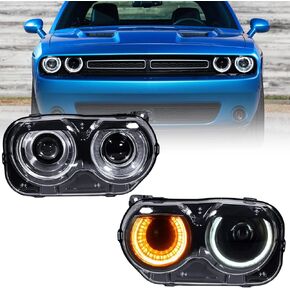 For Dodge Challenger Headlight Assembly 2015 2016 2017 2018 2019 2020 2021 Black Housing Halogen Headlamps Replaceable Left Driver & Right Passenger Side Headlights 68174065AF 68174064AF