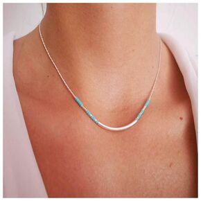 Boho Turquoise Bead Choker Necklace Silver Curved Bar Necklace Skinny Tube Bar Floating Necklace Minimal Necklace Chain Jewelry for Women and Girls Gifts