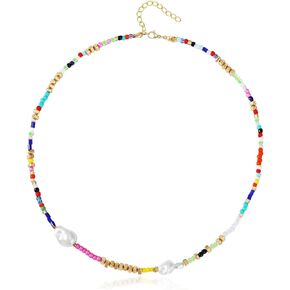 Beaded Necklace for Women, Colorful Beaded Choker Freshwater Pearl Necklace Stainless Steel 14K Gold Plated Boho Summer Necklace for Women Y2K Trendy Jewelry Gift