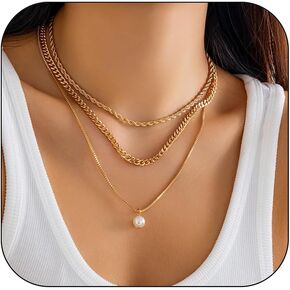 Dainty Layered Snake Paperclip Chain Necklaces Set for Women, 14k Gold Charm stacked Pearl Twisty Cuban Square Box Chain Choker Necklace Jewelry Gift