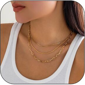 Dainty Layered Snake Paperclip Chain Necklaces Set for Women, 14k Gold Charm stacked Pearl Twisty Cuban Square Box Chain Choker Necklace Jewelry Gift