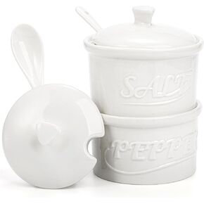 مجموعة هاكاروا المكونة من 2 قبو ملح وفلفل سيراميك مع غطاء وملعقة، أوعية ملح وفلفل قابلة للتكديس 8.5 أونصة، صندوق توابل المطبخ العتيق لأملاح البحر والسكر والأبيض in Kuwait