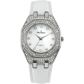 Peugeot Womens Boyfriend Wrist Watch with Crystal Bezel and Matching Leather Color Band Strap