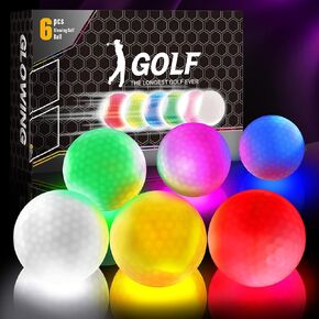 Glow in The Dark Golf Balls-6Packs，Night Glowing Long Distance LED Golf Ball Colored, Golf Sports Games for Men Women and Children (6 Colors)
