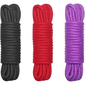 Maydahui 3PCS Cotton Long Rope 32 Feet（10m） Soft Multipurpose Washable Strong Durable Red Black Purple Cord