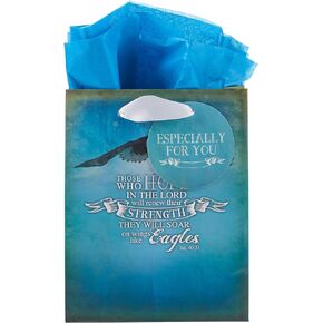 Christian Art Gifts Gift Bag with Tissue Paper: On Wings Like Eagles - Isaiah 40:31 Inspirational Bible Verse, Blue, Small