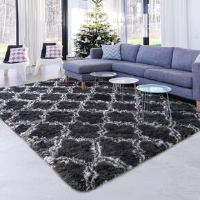6x9 Feet Luxury Shag Area Rug Modern Indoor Plush Fluffy Rugs, Super Soft and Fuzzy Carpet, Geometric Rugs for Bedroom Living Room Girls Kids Nursery, White/Black