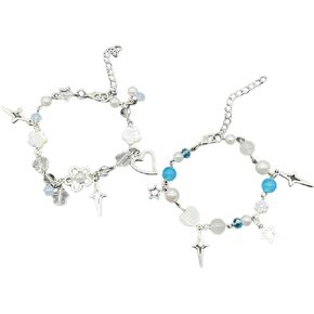 Caiyao Y2K Cool Punk Hollowed Out Pentagram Matching Beaded Bracelet Handmade Guitar Star Pendant Bracelet Aesthetic Imitation Pearl Beads Bracelet for Couples Friends BFF Jewelry Gifts