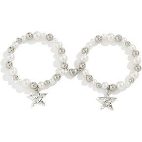 Caiyao Y2K Cool Punk Hollowed Out Pentagram Matching Beaded Bracelet Handmade Guitar Star Pendant Bracelet Aesthetic Imitation Pearl Beads Bracelet for Couples Friends BFF Jewelry Gifts