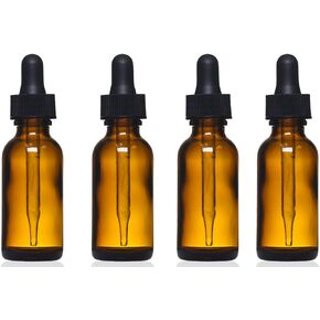 Amber Glass Bottles with Eye Droppers (2 oz, 4 pk) For Essential Oils, Colognes & Perfumes, Blank Labels Included