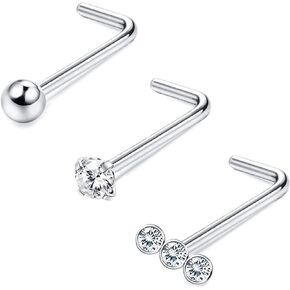 Sllaiss 20G Stainless Steel Nose Rings Linear Ball Round Cubic Zirconia Nose Studs for Women Men L Shaped Piercing Body Jewelry