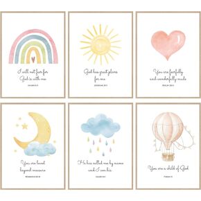 6 Pcs Boho Nursery Wall Decor 12 x 16 Inch Bible Verse Kids Room Wall Decor Heart Rainbow Sun Moon Cloud Hot Air Balloon Nursery Wall Decor for Baby Room Wall Decor, Unframed