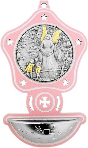 5" Girls Holy Water Font | Guardian Angel Silver Plated Plaque | Beautiful Gold-tone Accents | Great Catholic Gift for Baptism | Religious Nursery Home Décor in Saudi Arabia