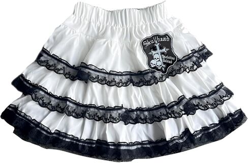 Y2K Harajuku Lolita Kawaii موضة عادية مرونة الخصر القوطية الجمجمة شارة الأسود الدانتيل تقليم طبقات تنورة قصيرة in Saudi Arabia