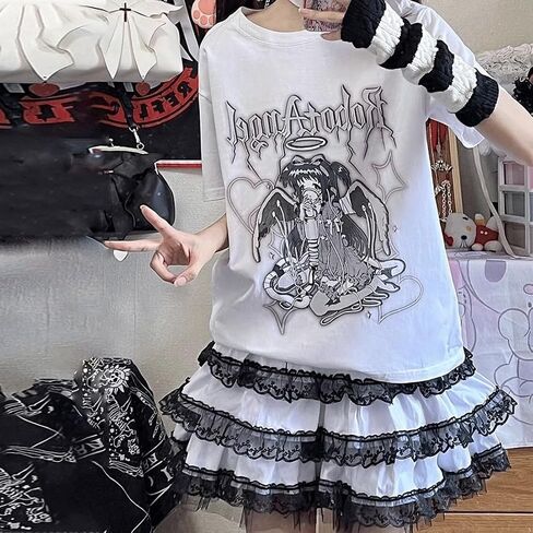 Y2K Harajuku Lolita Kawaii موضة عادية مرونة الخصر القوطية الجمجمة شارة الأسود الدانتيل تقليم طبقات تنورة قصيرة in Saudi Arabia