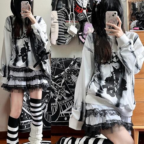 Y2K Harajuku Lolita Kawaii موضة عادية مرونة الخصر القوطية الجمجمة شارة الأسود الدانتيل تقليم طبقات تنورة قصيرة in Saudi Arabia