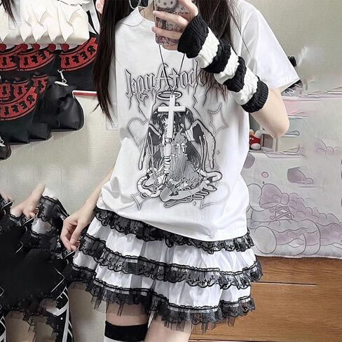 Y2K Harajuku Lolita Kawaii موضة عادية مرونة الخصر القوطية الجمجمة شارة الأسود الدانتيل تقليم طبقات تنورة قصيرة in Saudi Arabia