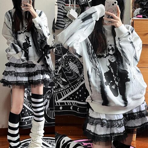 Y2K Harajuku Lolita Kawaii موضة عادية مرونة الخصر القوطية الجمجمة شارة الأسود الدانتيل تقليم طبقات تنورة قصيرة in Saudi Arabia