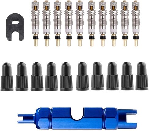 Presta Valve Core Repair Kit- 10Pieces Presta Tubeless Valve Core + 10Pieces Presta Valve Stem Caps + Blue Bicycle Presta &Schrader Valve Core Remover Wrench + Black Valve Core Removal Tool in Saudi Arabia