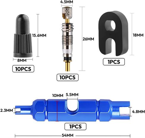 Presta Valve Core Repair Kit- 10Pieces Presta Tubeless Valve Core + 10Pieces Presta Valve Stem Caps + Blue Bicycle Presta &Schrader Valve Core Remover Wrench + Black Valve Core Removal Tool in Saudi Arabia