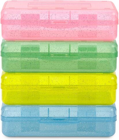 Blue Summit Supplies Colorful Glitter Plastic Pencil Boxes, Translucent Pencil Boxes for School, Crayon and Marker Organizer Boxes with Hinged Lids, Assorted Colors, 4 Pack in Saudi Arabia