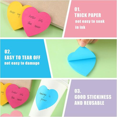 24 Pcs 1080 Sheets Heart Shaped Sticky Notes Cute Bright Colorful Sticking Power Memo Pads Self Note for Reminders Office School and Home 3 x 3 Inch, 8 Color in Saudi Arabia