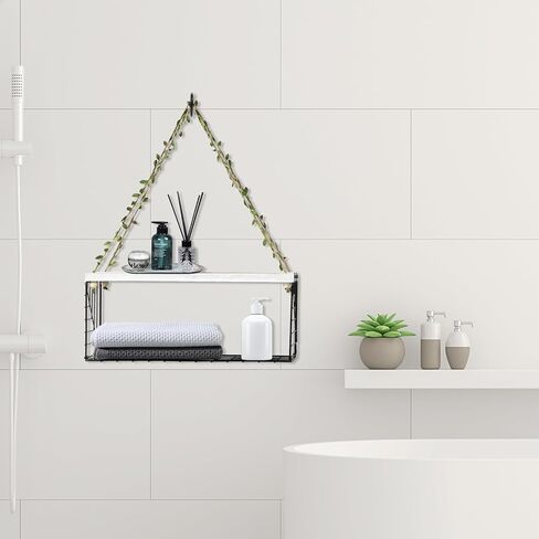 أرفف معلقة للجدار، مجموعة من أرفف الكتب المصنوعة من الحبال الخشبية العائمة الجمالية المكونة من 2 رف نباتي معلق لتزيين الحائط لغرفة النوم والحمام وغرفة المعيشة، أسود in Kuwait