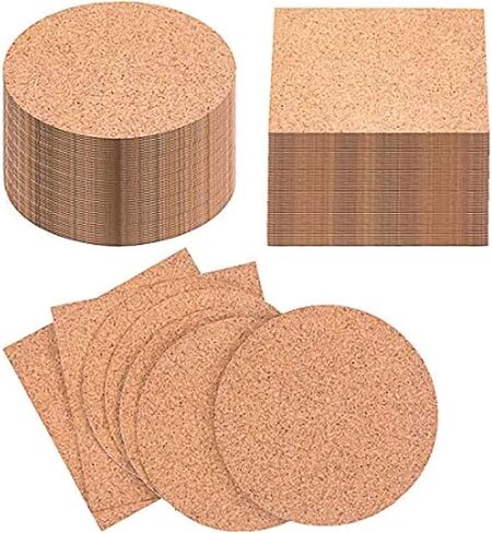 Pangda 100 Pieces Self-Adhesive DIY Coaster Square Cork and Round Cork Backing Sheets, Mini Wall Cork Tiles for Coasters and DIY Sticky Crafts, 4 x 4 Inch in Saudi Arabia