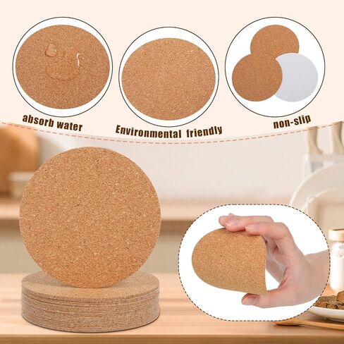 Pangda 100 Pieces Self-Adhesive DIY Coaster Square Cork and Round Cork Backing Sheets, Mini Wall Cork Tiles for Coasters and DIY Sticky Crafts, 4 x 4 Inch in Saudi Arabia