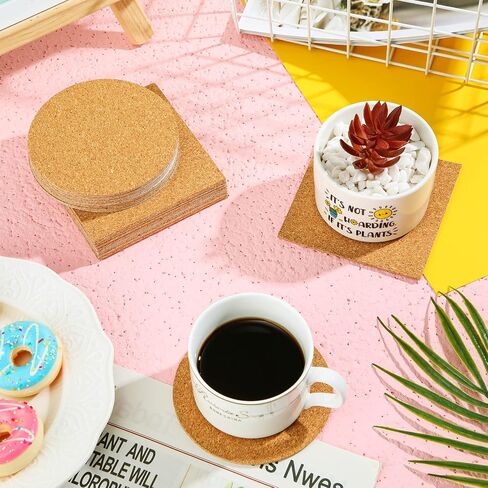 Pangda 100 Pieces Self-Adhesive DIY Coaster Square Cork and Round Cork Backing Sheets, Mini Wall Cork Tiles for Coasters and DIY Sticky Crafts, 4 x 4 Inch in Saudi Arabia