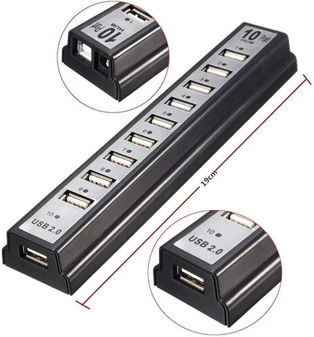 Powered USB Hub 2.0, 10-Port USB Hub USB Extender Splitter (Support Smart Charging + Faster Data Transfer) with Individual LED Indicator Light for MacBook, PC, Laptop in Saudi Arabia