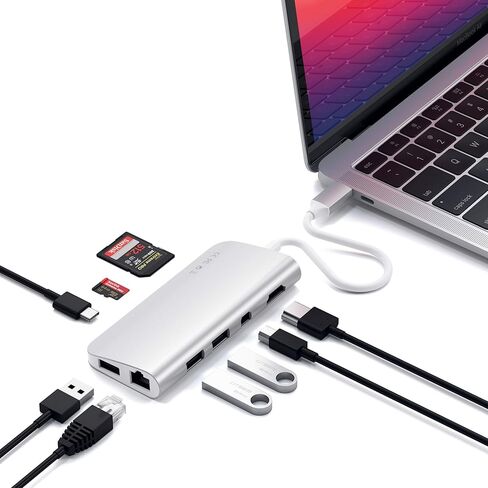 محول الوسائط المتعددة Satechi من النوع C مع 4K HDMI، Mini DP، USB-C PD، Gigabit Ethernet، USB 3.0، فتحات بطاقة Micro/SD - لجهاز M2/ M1 MacBook Pro، M2/ M1 MacBook Air (رمادي فضائي) in Kuwait