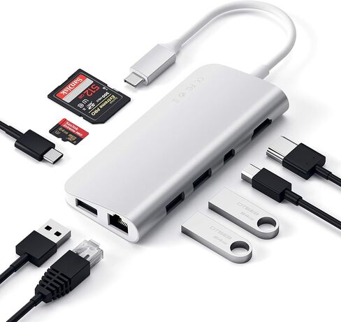 محول الوسائط المتعددة Satechi من النوع C مع 4K HDMI، Mini DP، USB-C PD، Gigabit Ethernet، USB 3.0، فتحات بطاقة Micro/SD - لجهاز M2/ M1 MacBook Pro، M2/ M1 MacBook Air (رمادي فضائي) in Kuwait