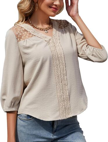 قمصان نسائية أنيقة غير رسمية برقبة على شكل حرف V من الدانتيل كروشيه قمصان تونيك مزينة بالزهور 3/4 كم منتفخ بلوزات ذات ثنيات فضفاضة تناسب in Kuwait