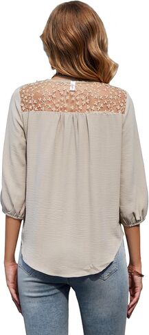 قمصان نسائية أنيقة غير رسمية برقبة على شكل حرف V من الدانتيل كروشيه قمصان تونيك مزينة بالزهور 3/4 كم منتفخ بلوزات ذات ثنيات فضفاضة تناسب in Kuwait