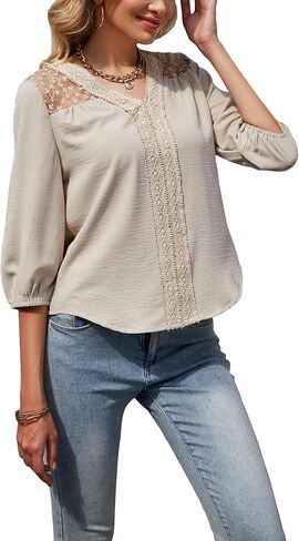 قمصان نسائية أنيقة غير رسمية برقبة على شكل حرف V من الدانتيل كروشيه قمصان تونيك مزينة بالزهور 3/4 كم منتفخ بلوزات ذات ثنيات فضفاضة تناسب in Kuwait