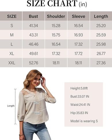 قمصان نسائية أنيقة غير رسمية برقبة على شكل حرف V من الدانتيل كروشيه قمصان تونيك مزينة بالزهور 3/4 كم منتفخ بلوزات ذات ثنيات فضفاضة تناسب in Kuwait