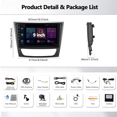 2+64G Android Car Stereo for Mercedes-Benz E Class W211 CLS Class E200 W219 2002-2009 with Carplay Android Auto Mirror Link 9 inch Touch Screen FM RDS HiFi Bluetooth WiFi GPS+Camera&MIC in Saudi Arabia