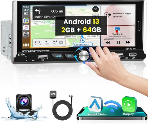 ستيريو سيارة Apple Carplay لاسلكي 2+64 جيجا بايت بنظام Android Single Din، شاشة لمس 6.9 بوصة، راديو سيارة بلوتوث، واي فاي، ملاحة GPS، وصلة مرآة، USB/Type-C، كاميرا احتياطية in Kuwait