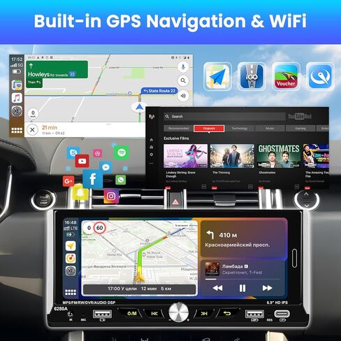 ستيريو سيارة Apple Carplay لاسلكي 2+64 جيجا بايت بنظام Android Single Din، شاشة لمس 6.9 بوصة، راديو سيارة بلوتوث، واي فاي، ملاحة GPS، وصلة مرآة، USB/Type-C، كاميرا احتياطية in Kuwait