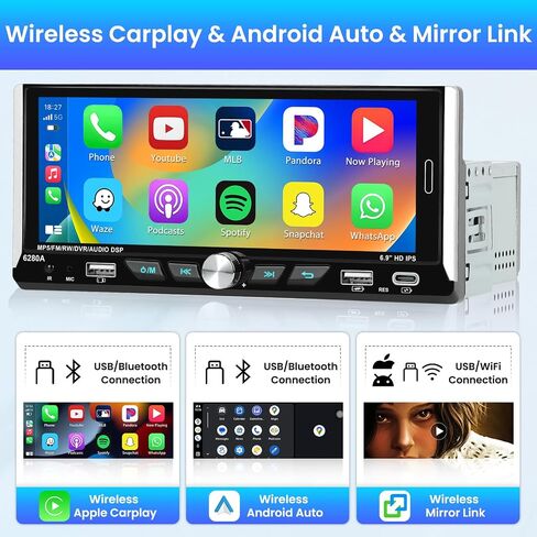 ستيريو سيارة Apple Carplay لاسلكي 2+64 جيجا بايت بنظام Android Single Din، شاشة لمس 6.9 بوصة، راديو سيارة بلوتوث، واي فاي، ملاحة GPS، وصلة مرآة، USB/Type-C، كاميرا احتياطية in Kuwait
