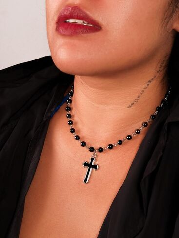 Sacina Goth Y2k Bead Cross Choker Necklace, Bead Rosary Necklace, Goth Choker Necklace, Halloween Christmas New Year Jewelry Gift For Women in Saudi Arabia