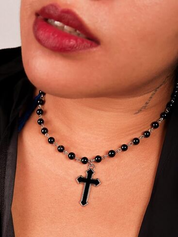 Sacina Goth Y2k Bead Cross Choker Necklace, Bead Rosary Necklace, Goth Choker Necklace, Halloween Christmas New Year Jewelry Gift For Women in Saudi Arabia
